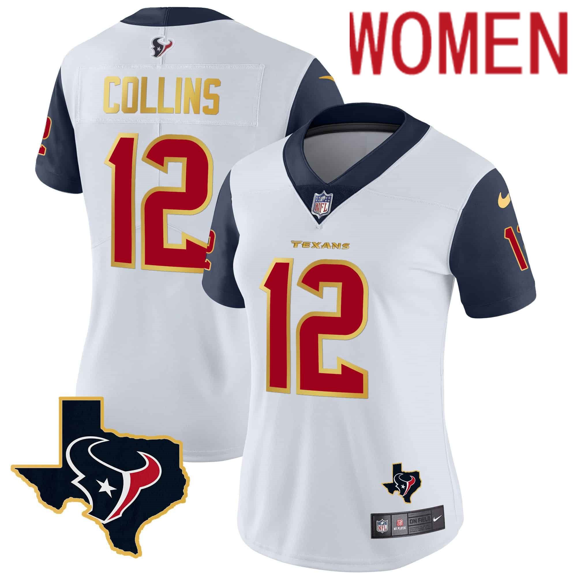 Women Houston Texans #12 Collins White Gold 2024 Nike Trim Vapor NFL Jersey style 1